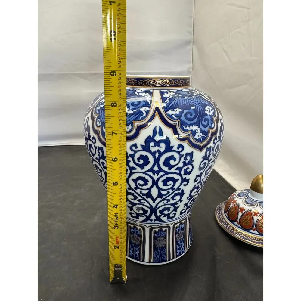 Vintage Toyo Japan Gold Imari Porcelain Ginger Jar Lidded Vase Cobalt Blue 11